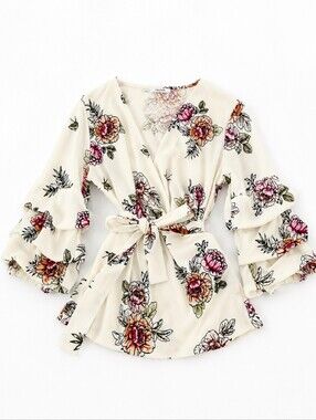 Maurices Floral Wrap Blouse XL | Bell Sleeve Tie-Waist Top | Ivory Floral